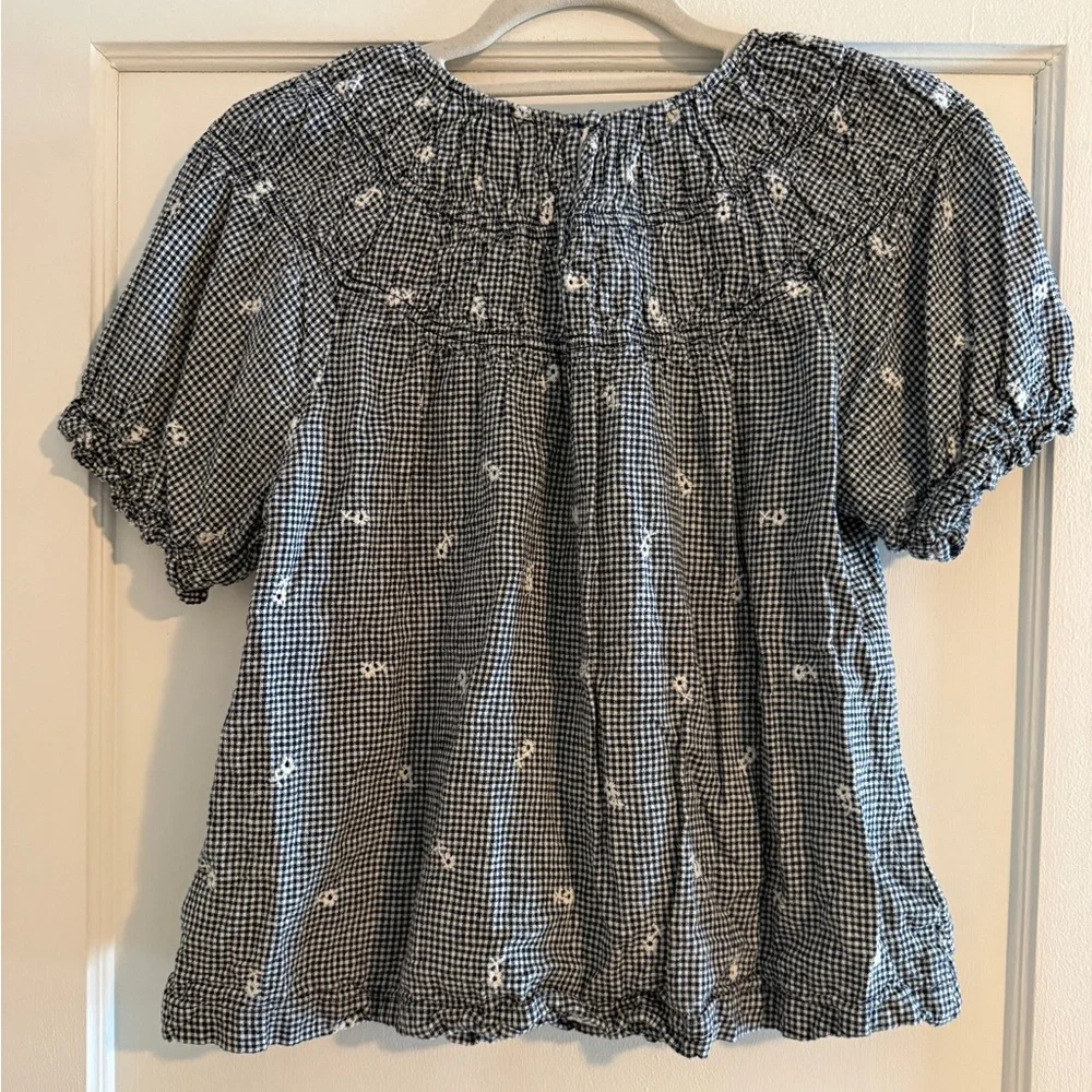 Madewell Embroidered Floral Gingham Ruffle Sleeve Peasant Top Black White M $88